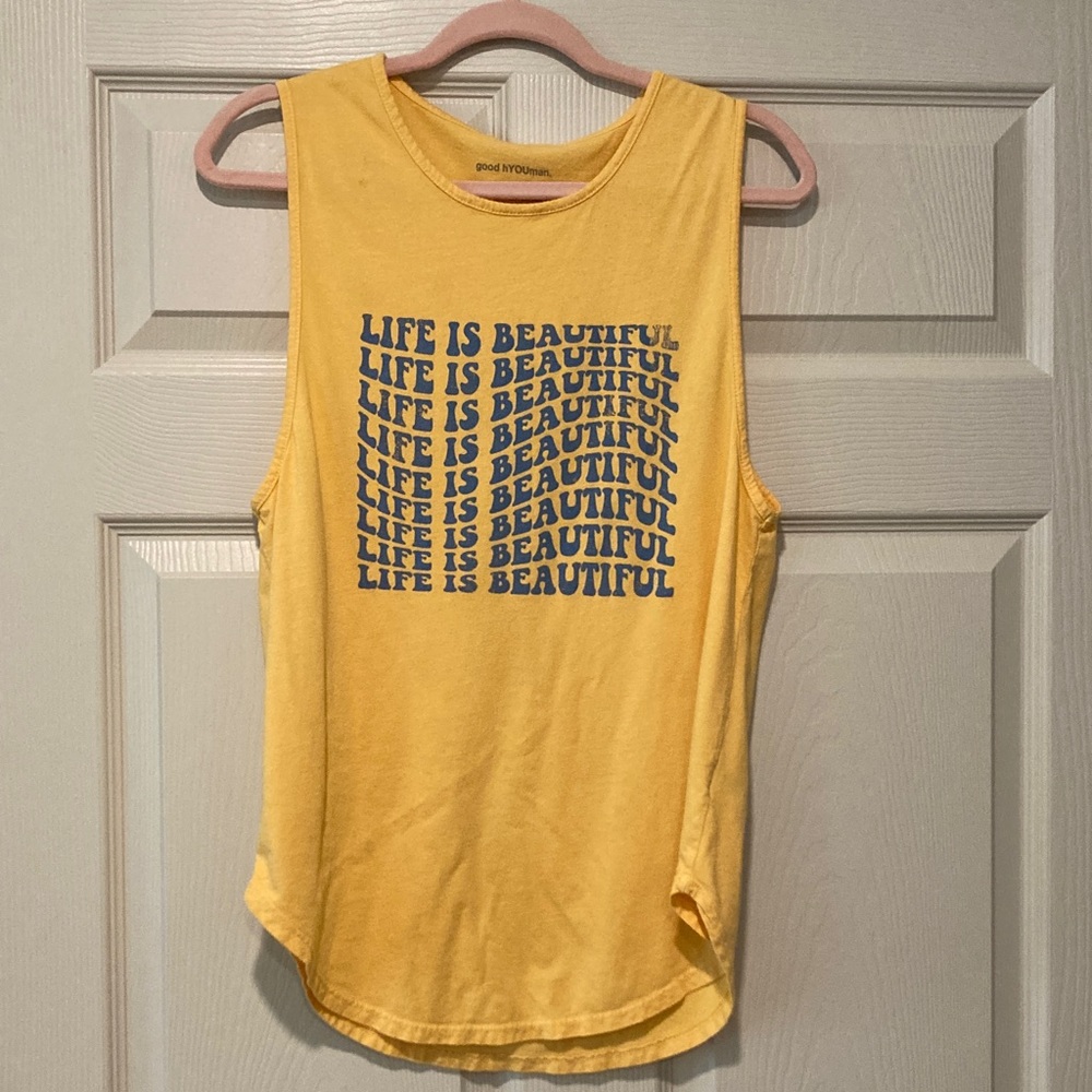 Good hYOUman Life is Beautiful Yellow and Blue Tank Sz Large Fits Medium
